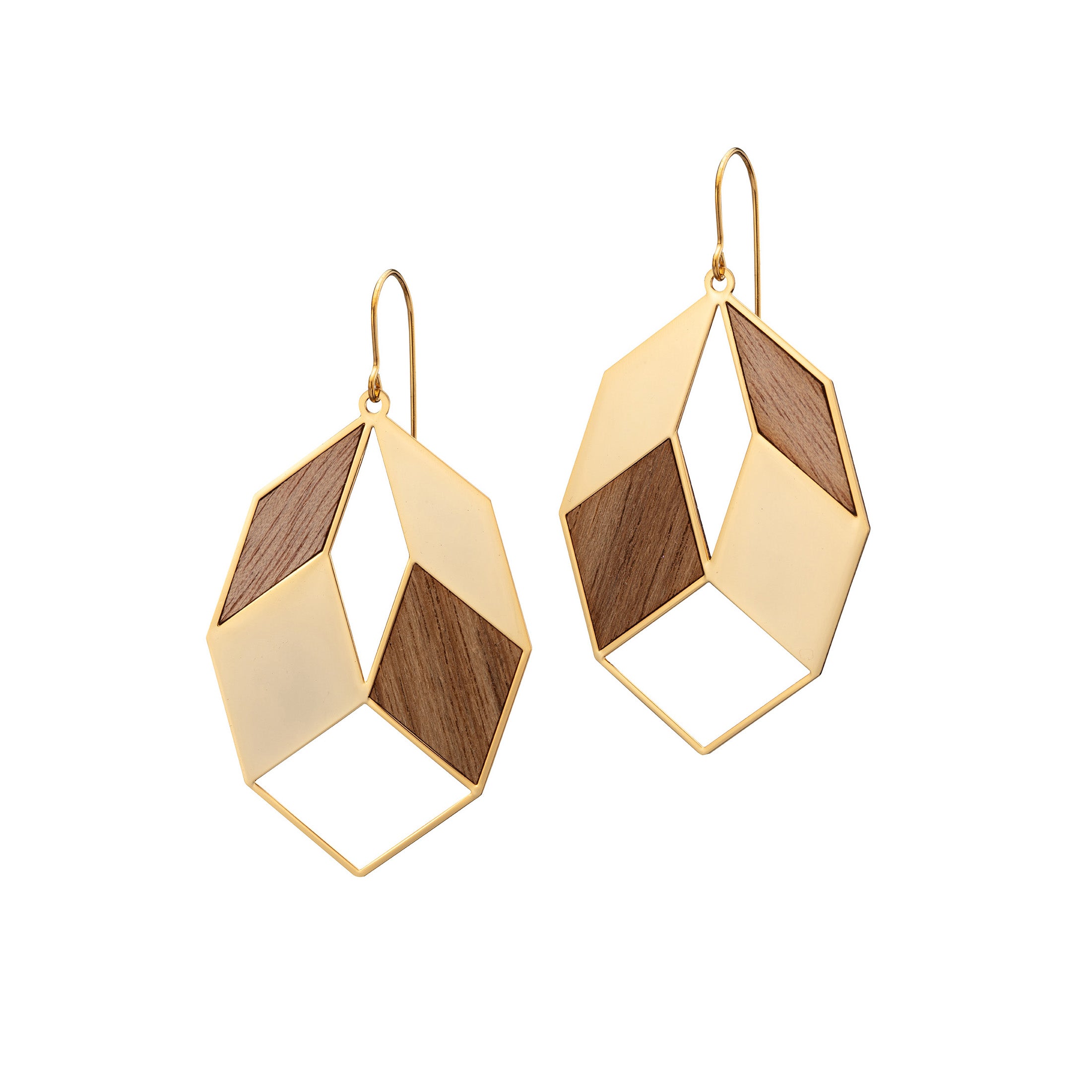 Geometrische Ohrhänger mit Holz | vergoldet matt