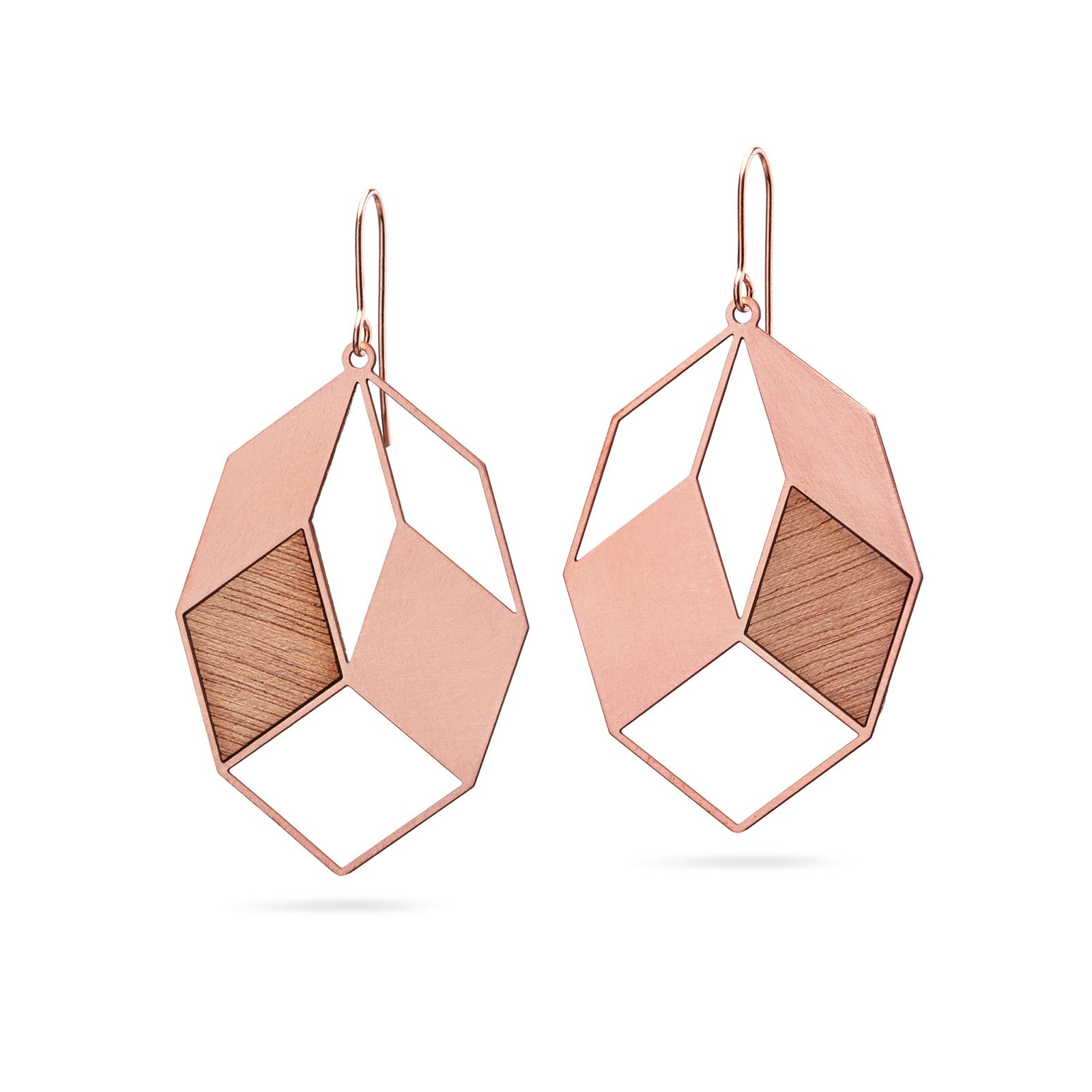 Geometrische Ohrhänger mit Holz | Kupfer