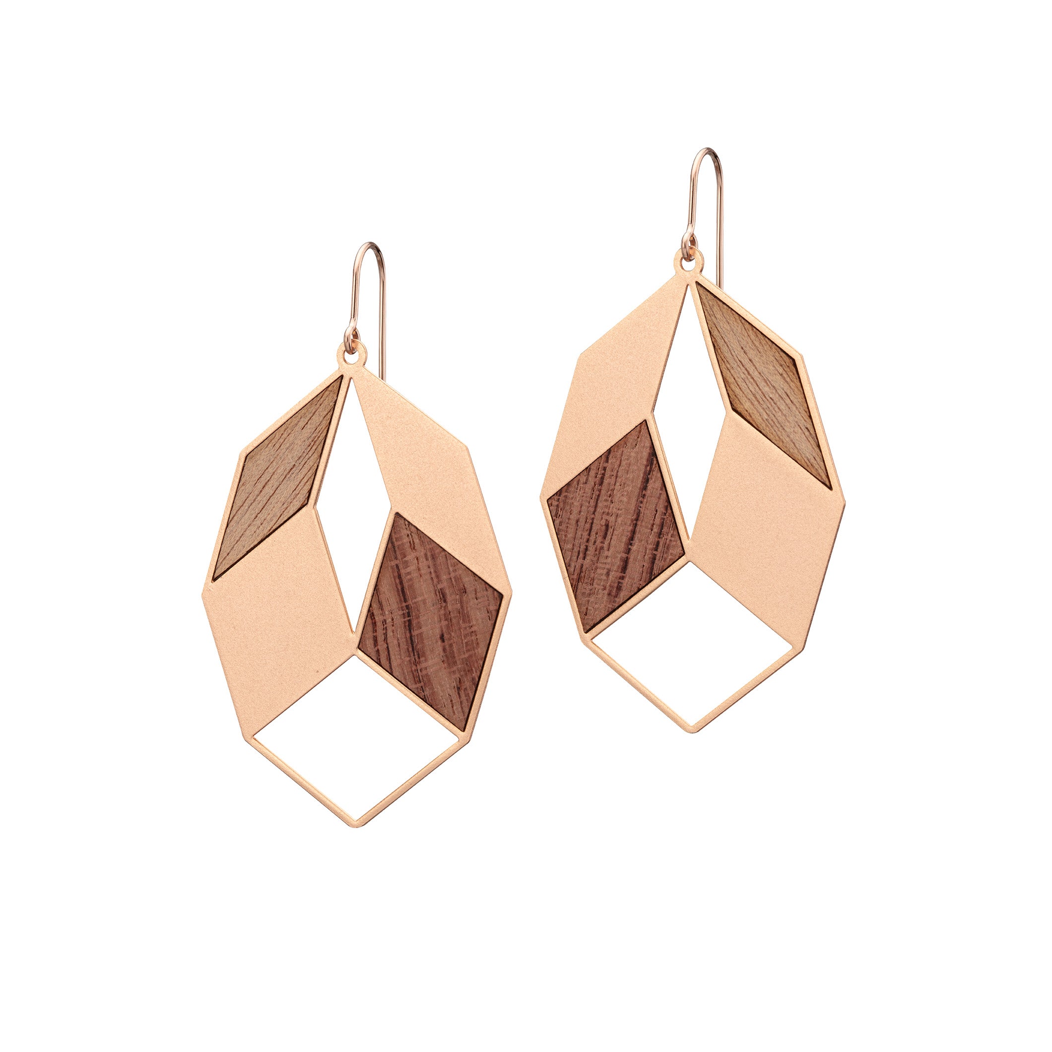 Geometrische Ohrhänger mit Holz | rosévergoldet matt